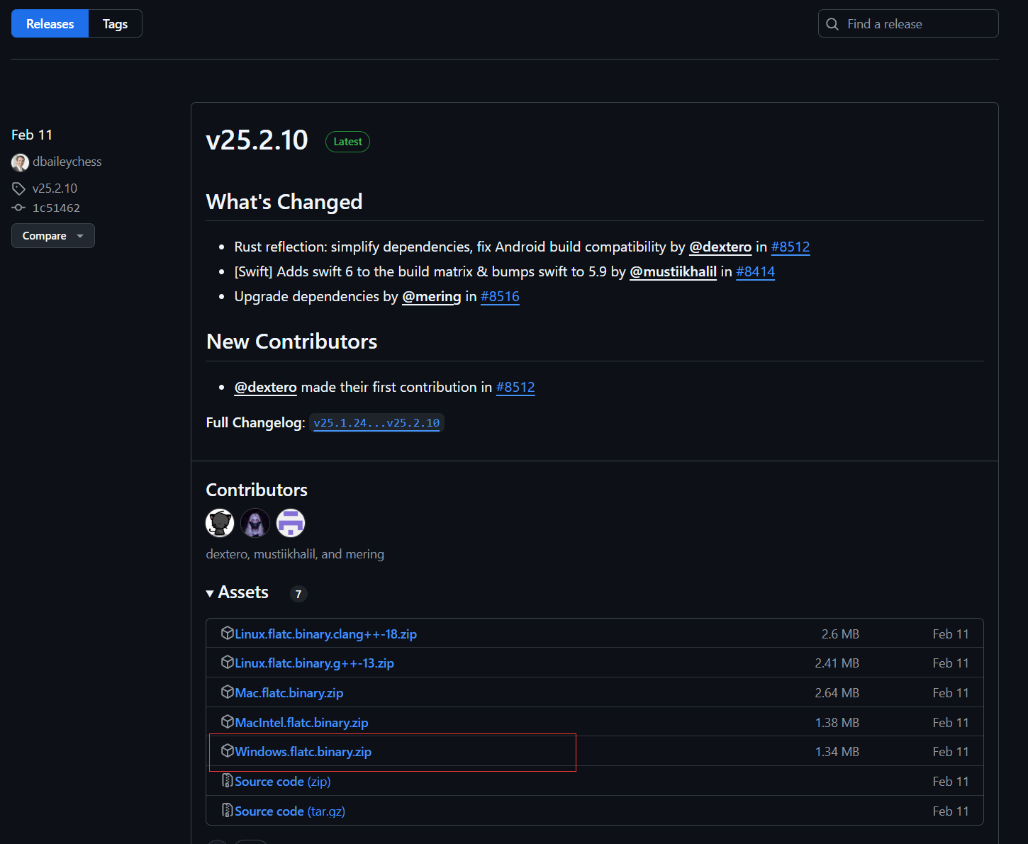 FlatBuffers v25.2.10 发布页中的 Windows flatc 二进制压缩包